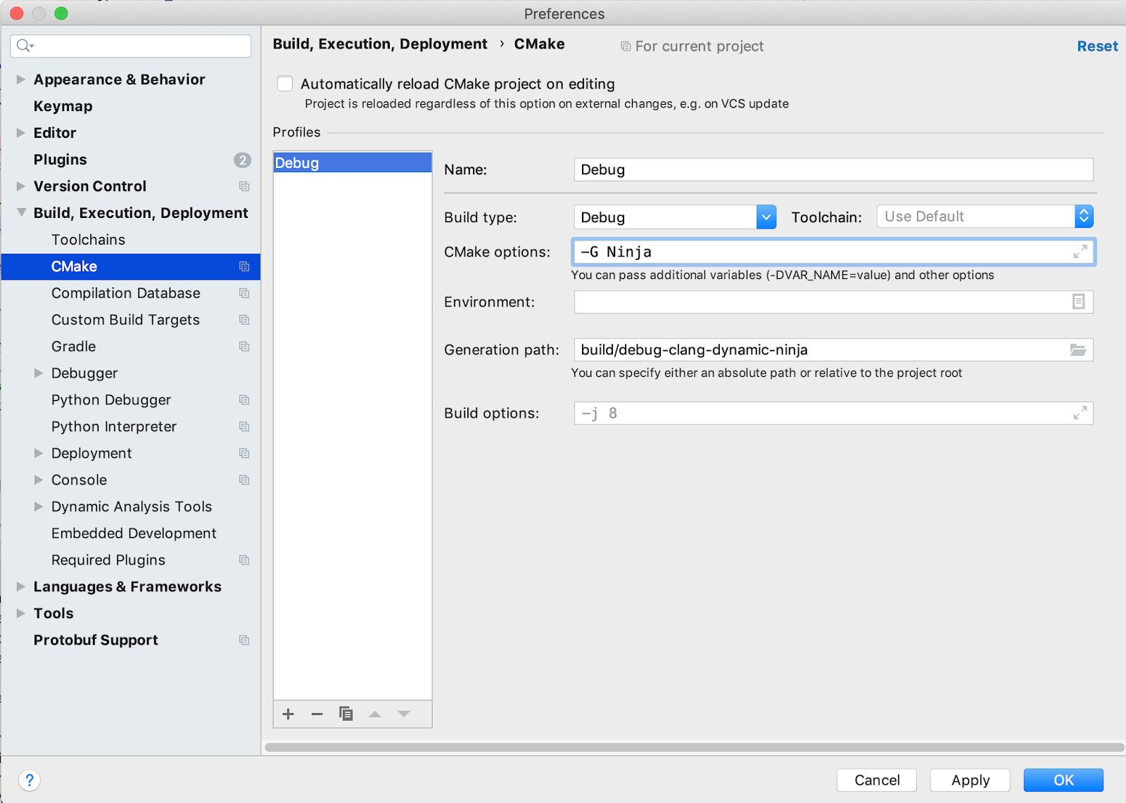 Clion ninja options