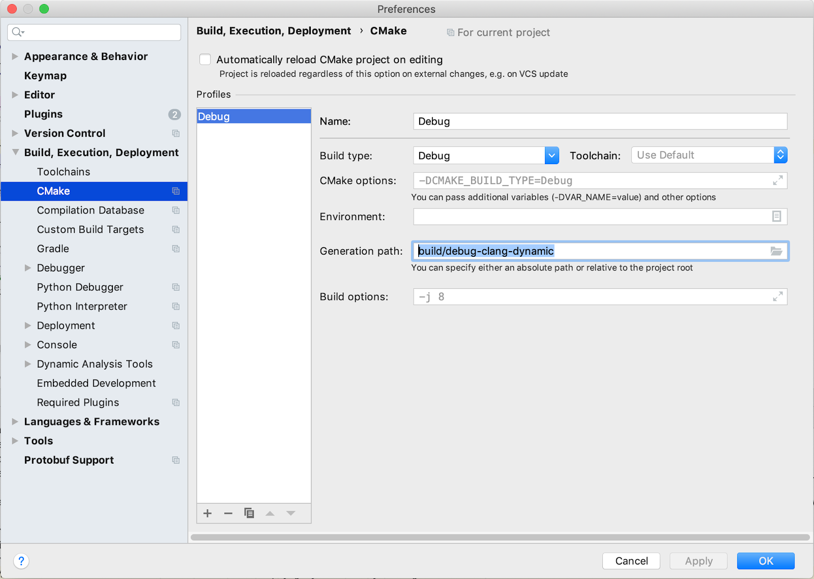 CLion cmake options